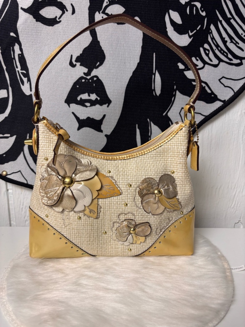 Coach Woven Straw Brass Studded Flowered Appliqué Patent Leather Mini Bag